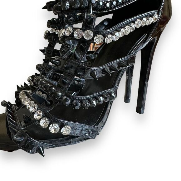I AM JENNIFER LE Razor High Heel Black Patent Leather Crystal Sandals Size 39 - Picture 7 of 12